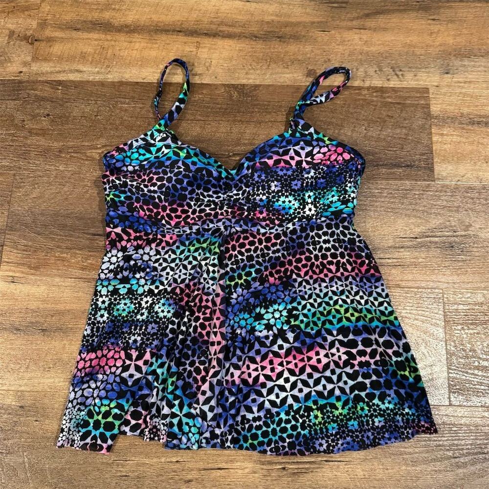 Christina Geometric Tankini Swim Top Size 10D Psychedelic 90s Adjustable Sheer
